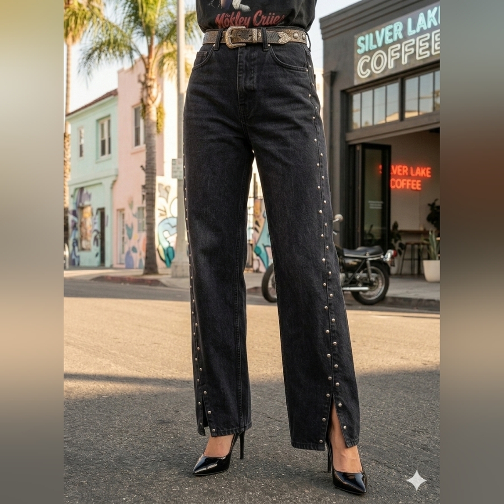 Reformation Black Stud-Trim Straight-Leg Jeans